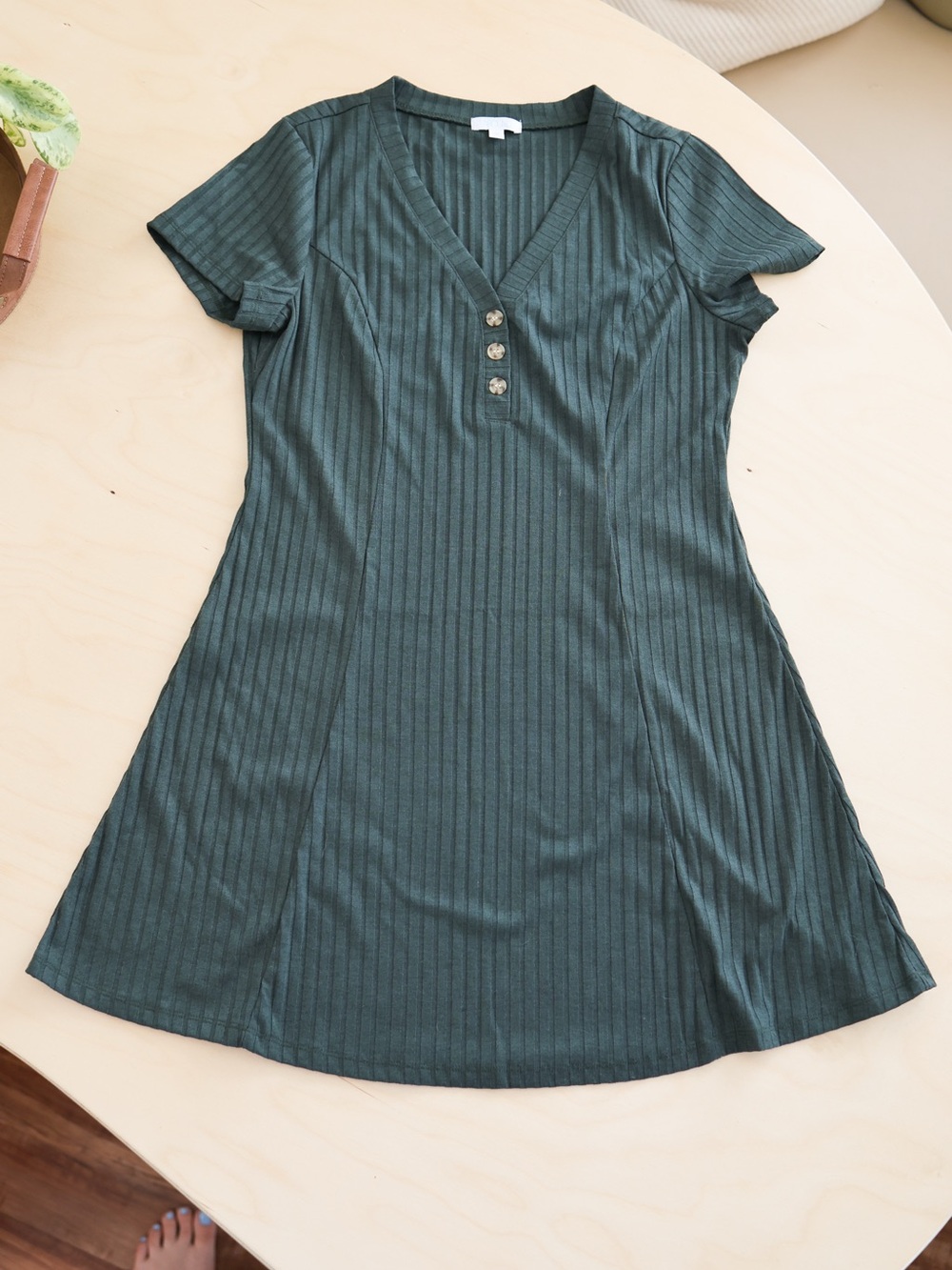 Dark Green Ribbed V-Neck Short Sleeve Tennis Mini Dress - Picture 6 of 7
